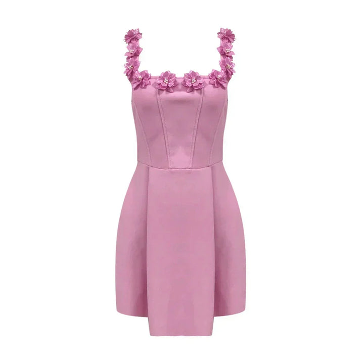 Vestito corto rosa senza maniche con scollatura floreale