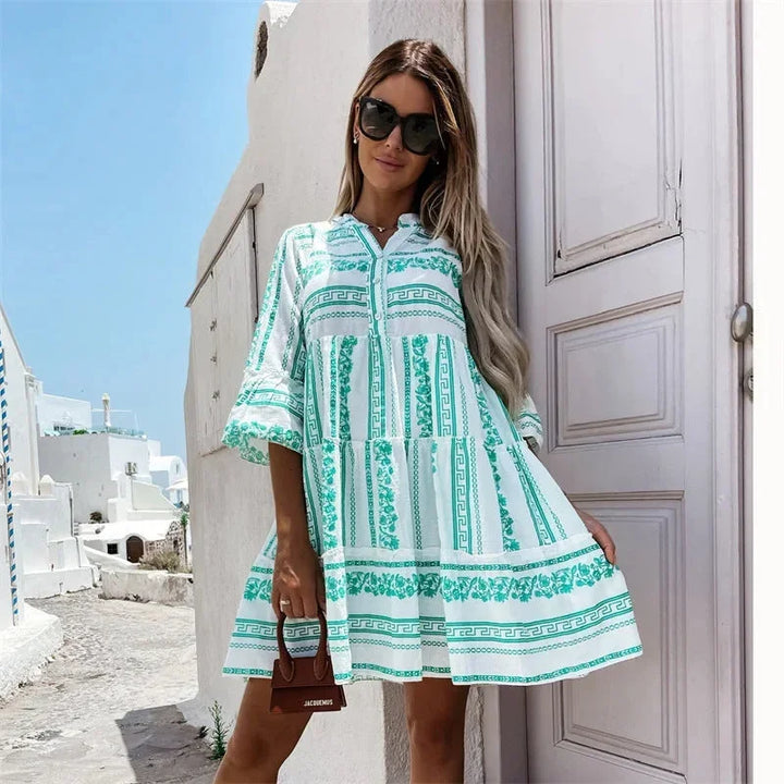 Vestito corto donna svasato a motivi scollo a V maniche ampie