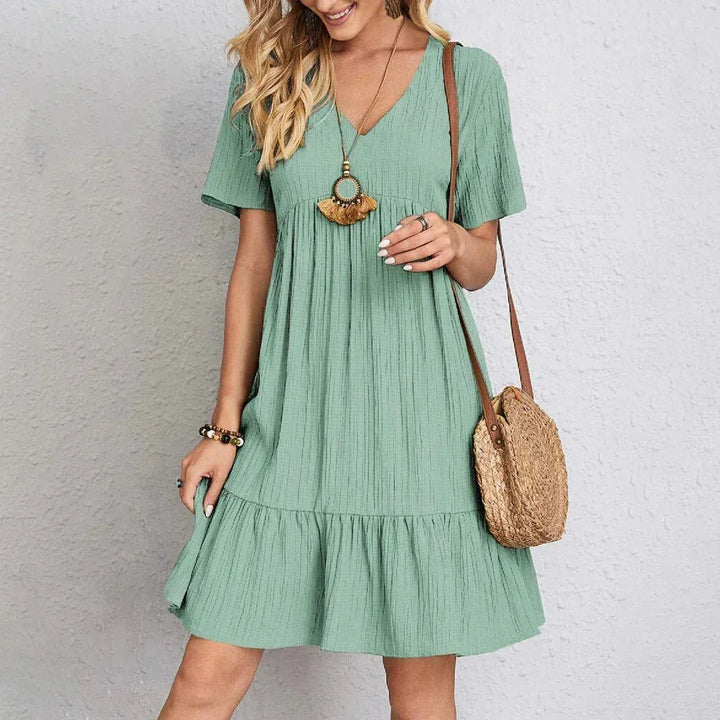 Vestito corto donna scollo a V con volant maniche corte