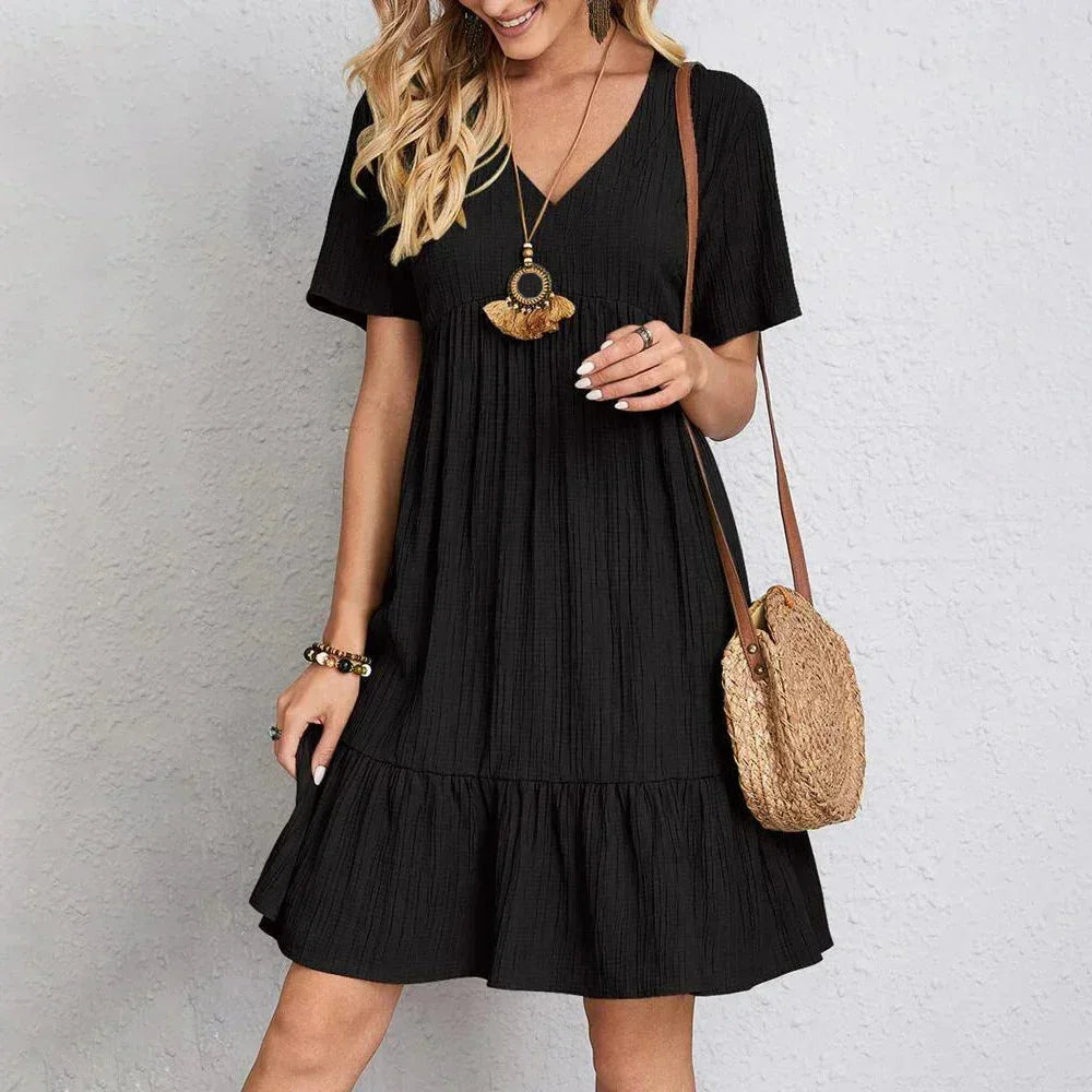 Vestito corto donna scollo a V con volant maniche corte