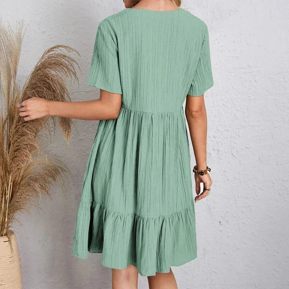 Vestito corto donna scollo a V con volant maniche corte