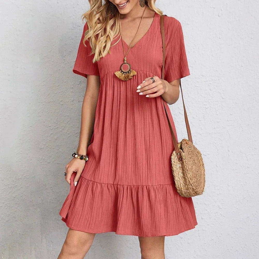 Vestito corto donna scollo a V con volant maniche corte