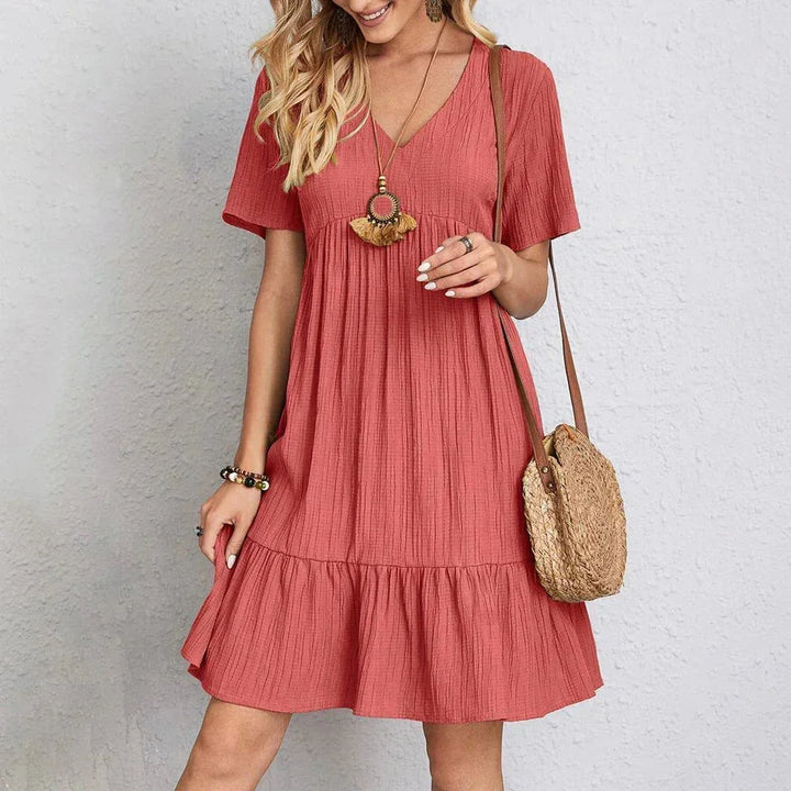 Vestito corto donna scollo a V con volant maniche corte