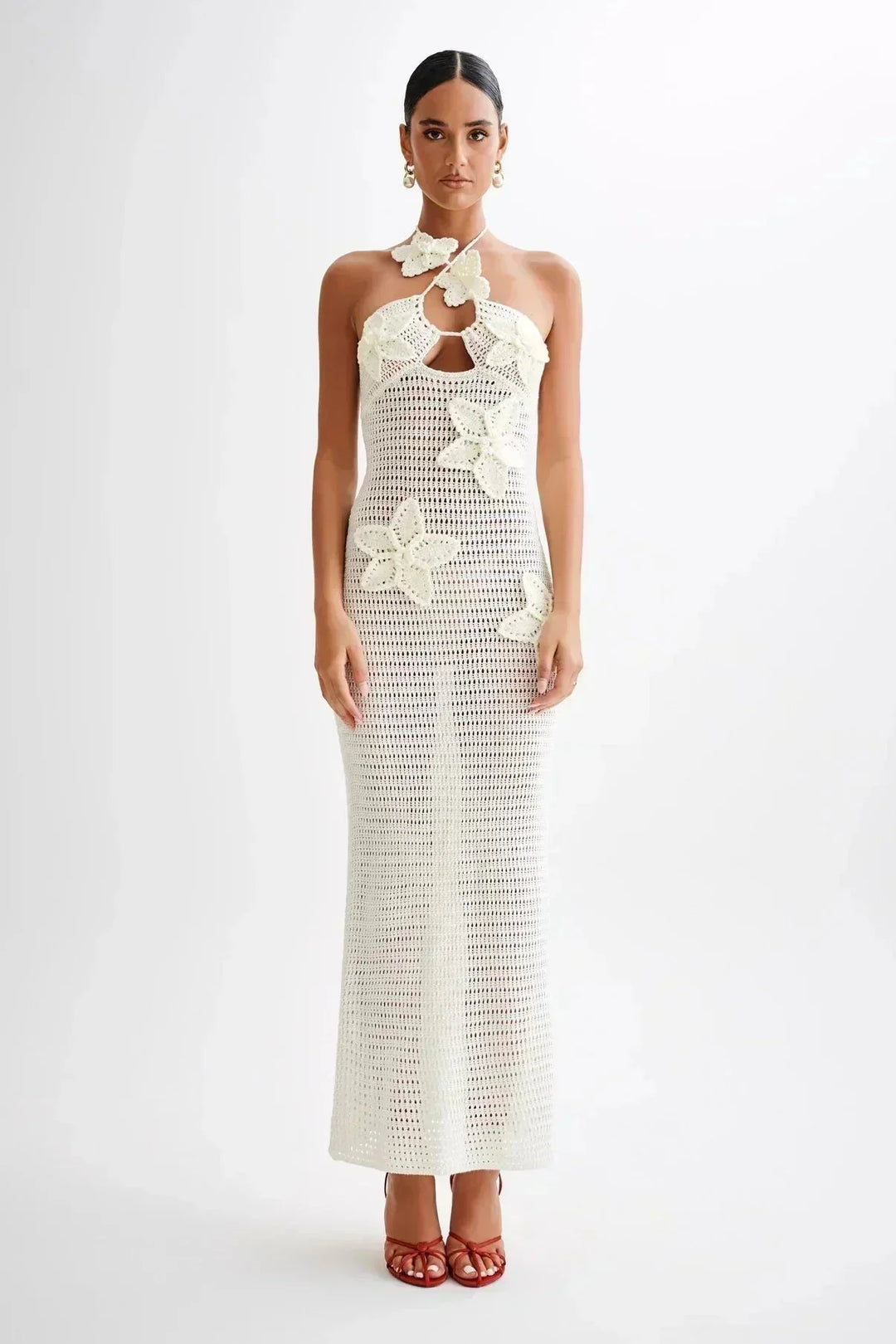 Vestito crochet donna con dettagli floreali e monospalla