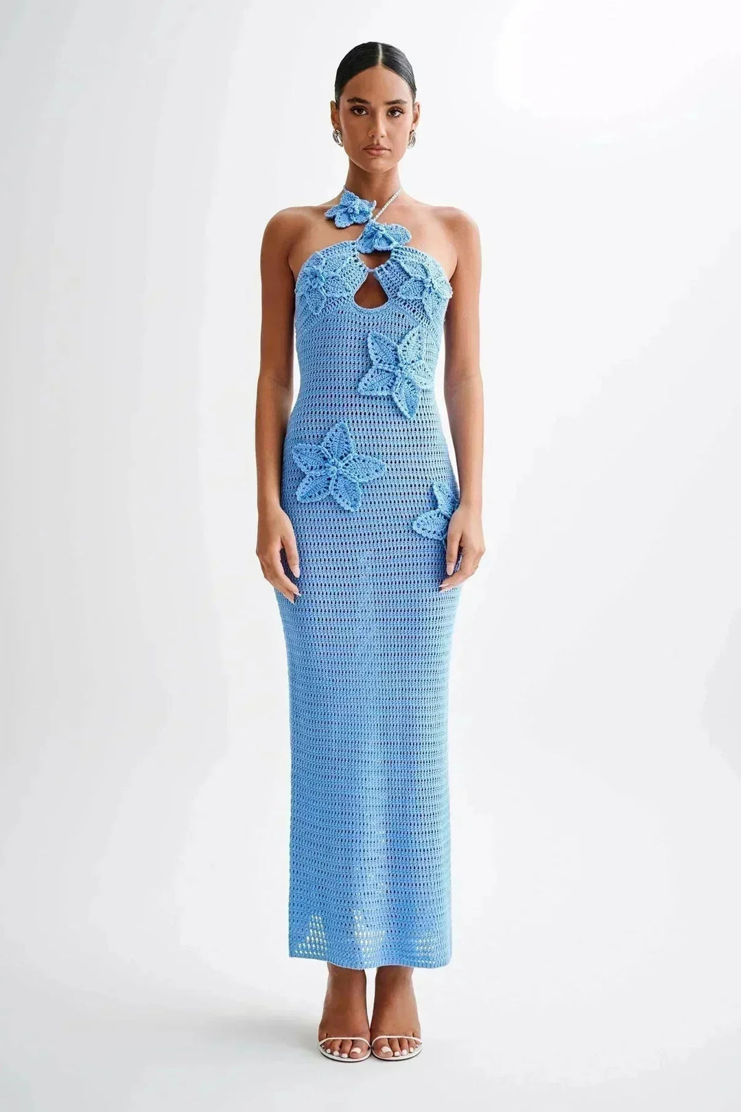 Vestito crochet donna con dettagli floreali e monospalla