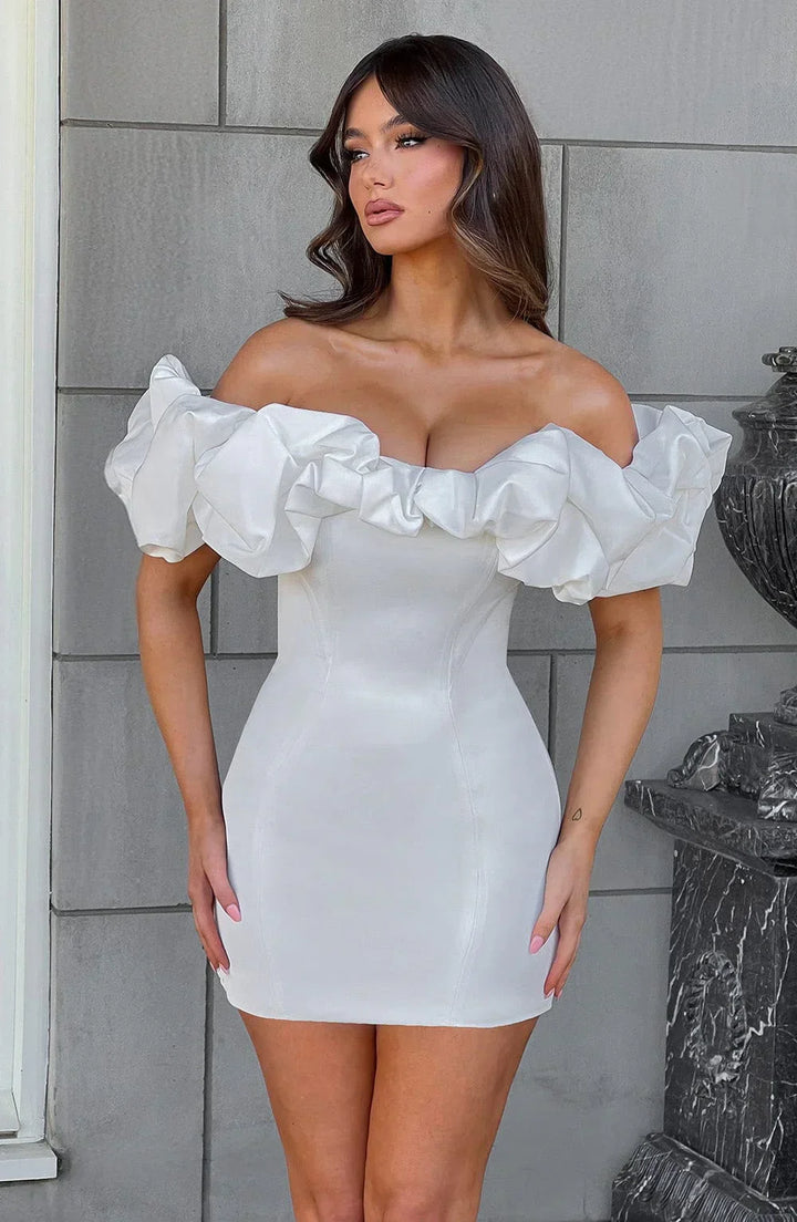Vestito corto da sera da donna bianco con volant