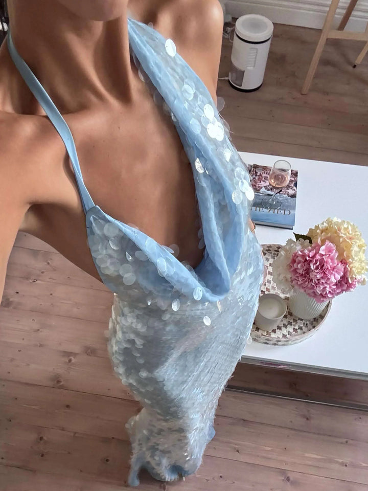 Vestito lungo estivo donna blu con paillettes