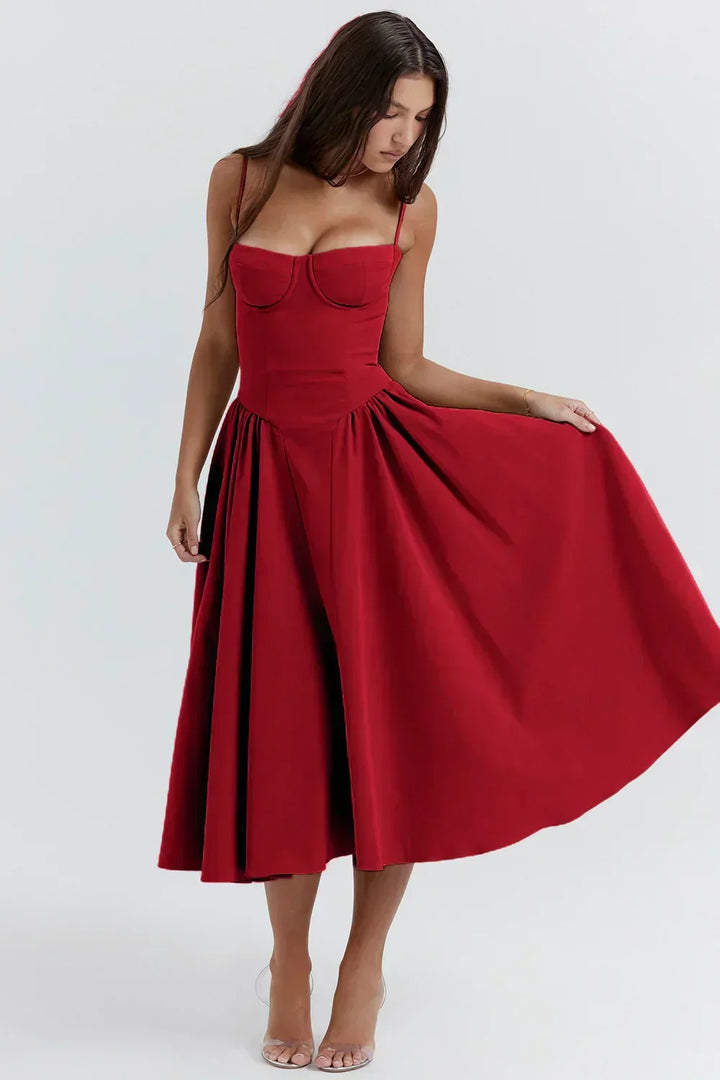 Abito midi estivo da donna con scollatura strutturata