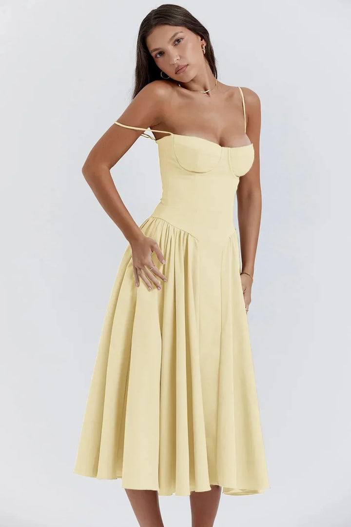 Abito midi estivo da donna con scollatura strutturata