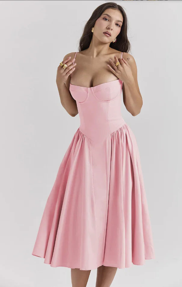 Abito midi estivo da donna con scollatura strutturata