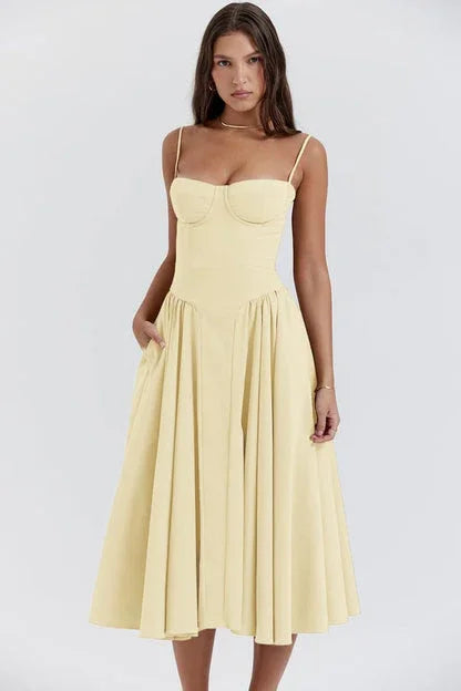 Abito midi estivo da donna con scollatura strutturata
