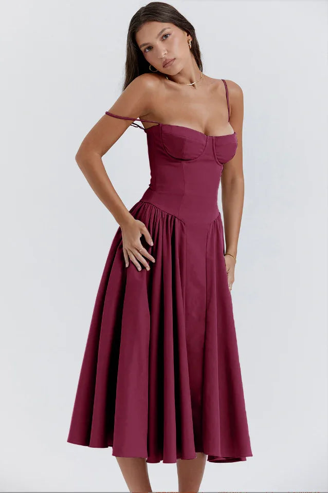 Abito midi estivo da donna con scollatura strutturata