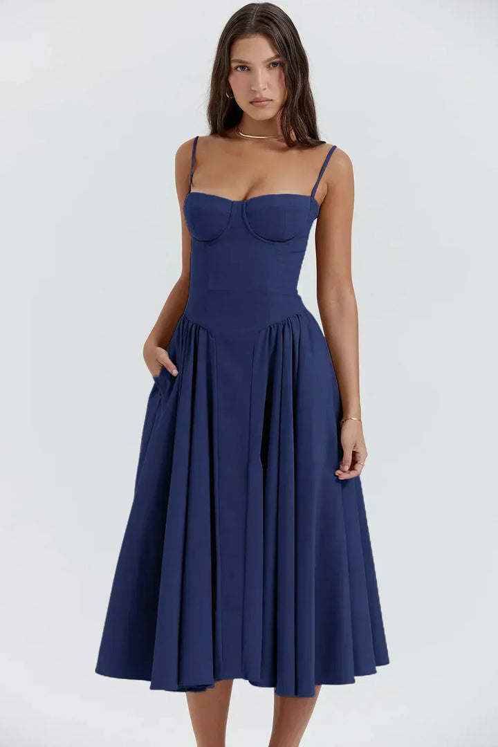 Abito midi estivo da donna con scollatura strutturata