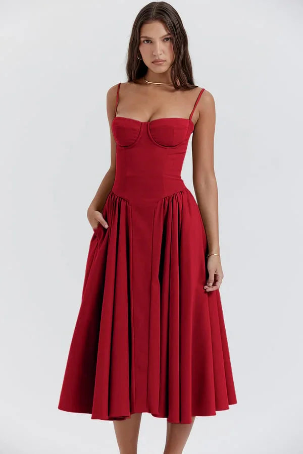 Abito midi estivo da donna con scollatura strutturata