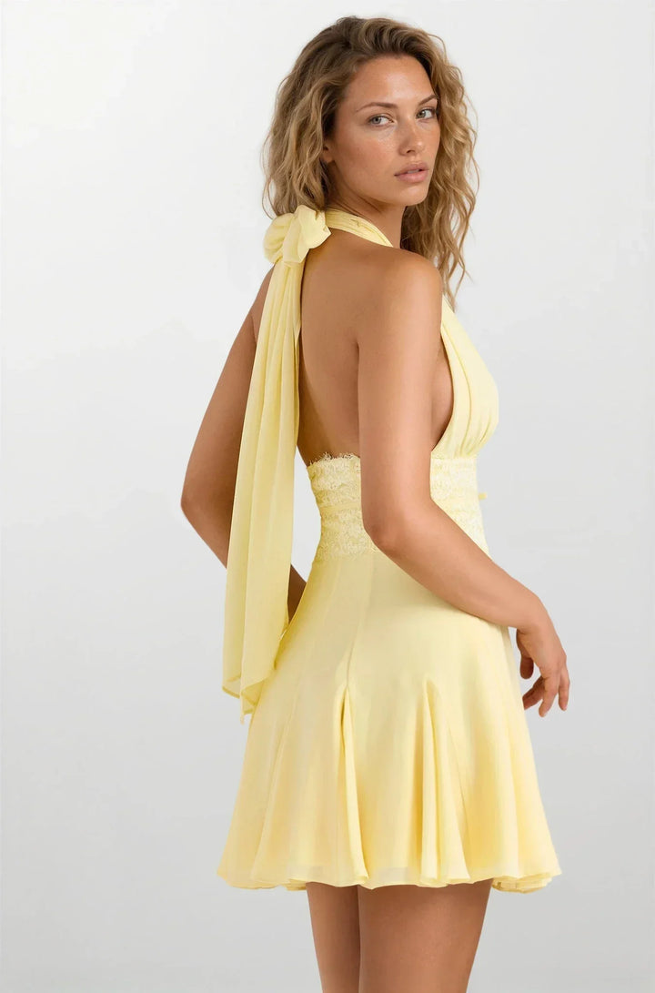 Vestito corto estivo donna giallo schiena nuda