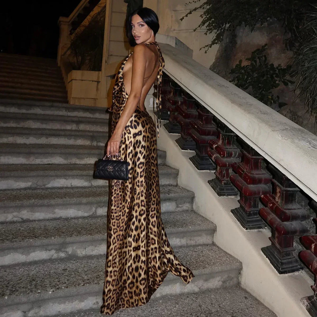 Vestito corto estivo da donna leopardato schiena nuda