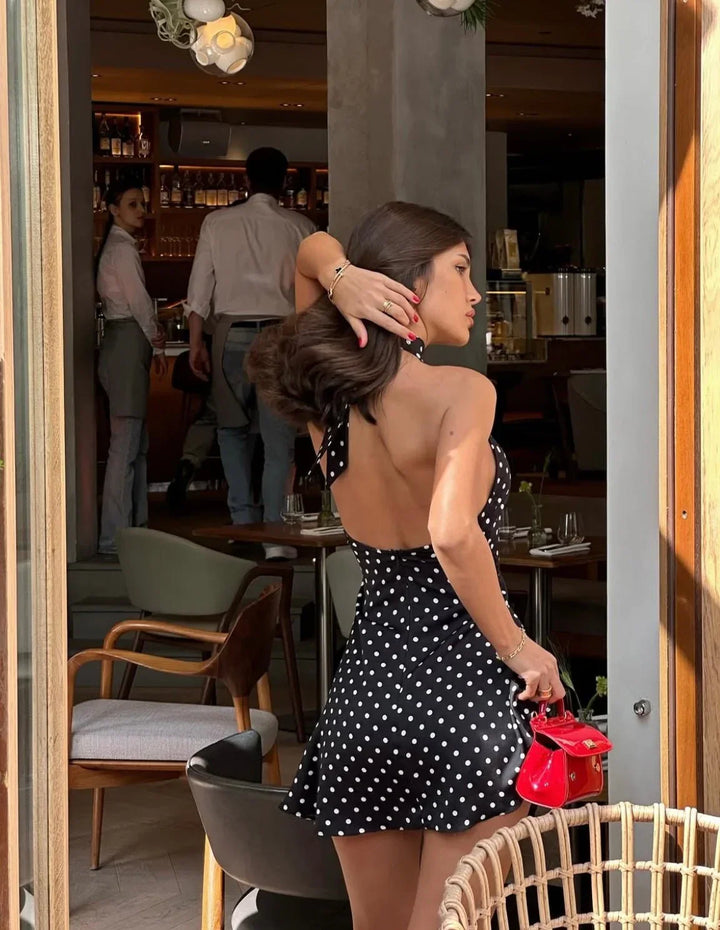 Vestito corto da donna nero a pois