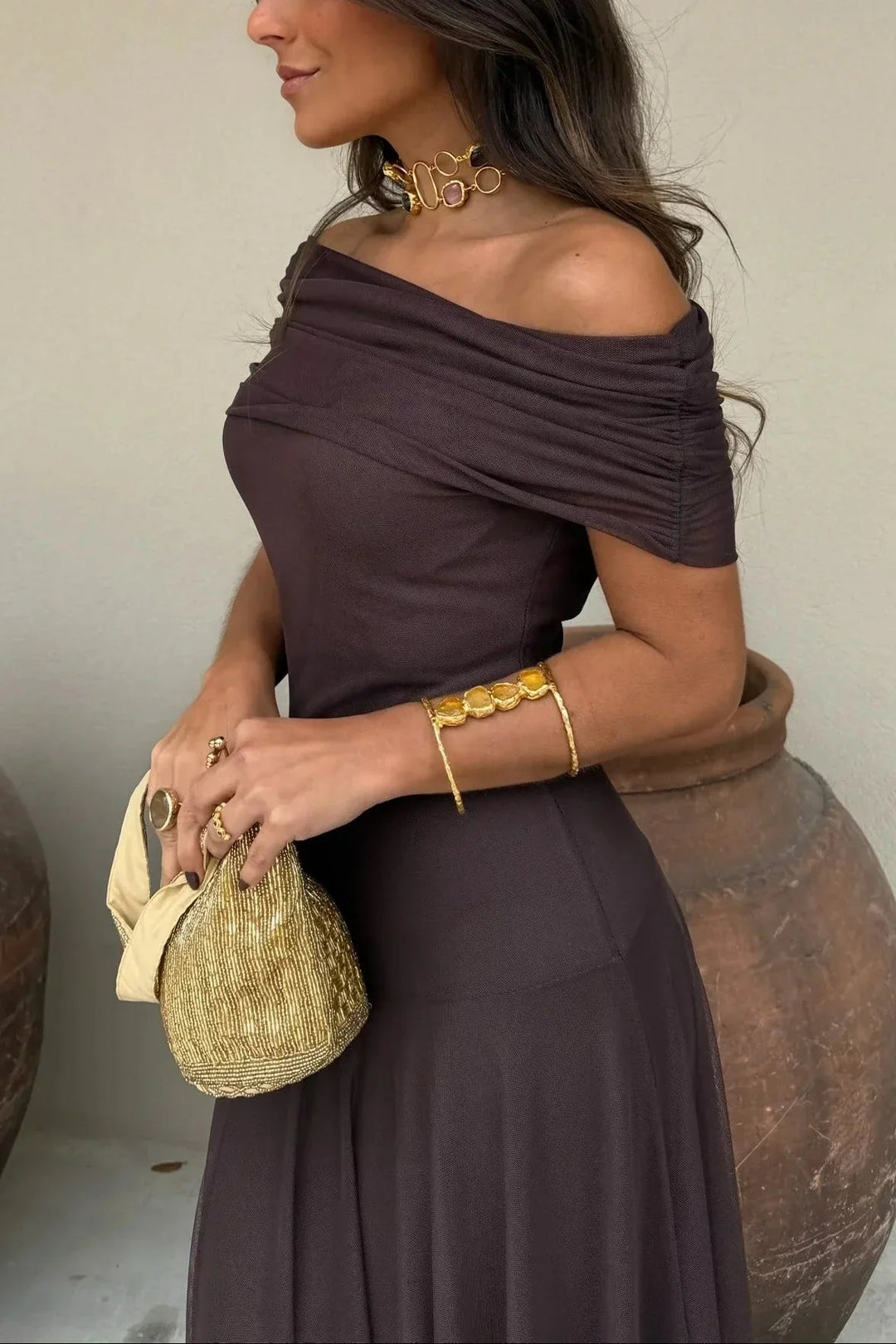 Vestito lungo estivo donna plissettato a una Spalla