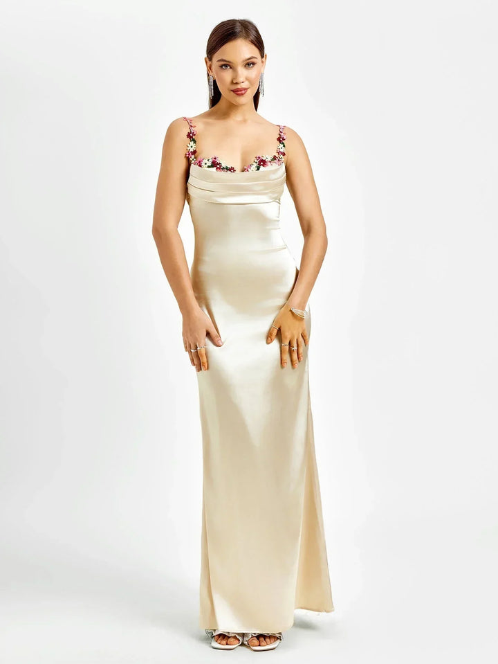 Vestito lungo donna satinato con ornamenti floreali per la sera