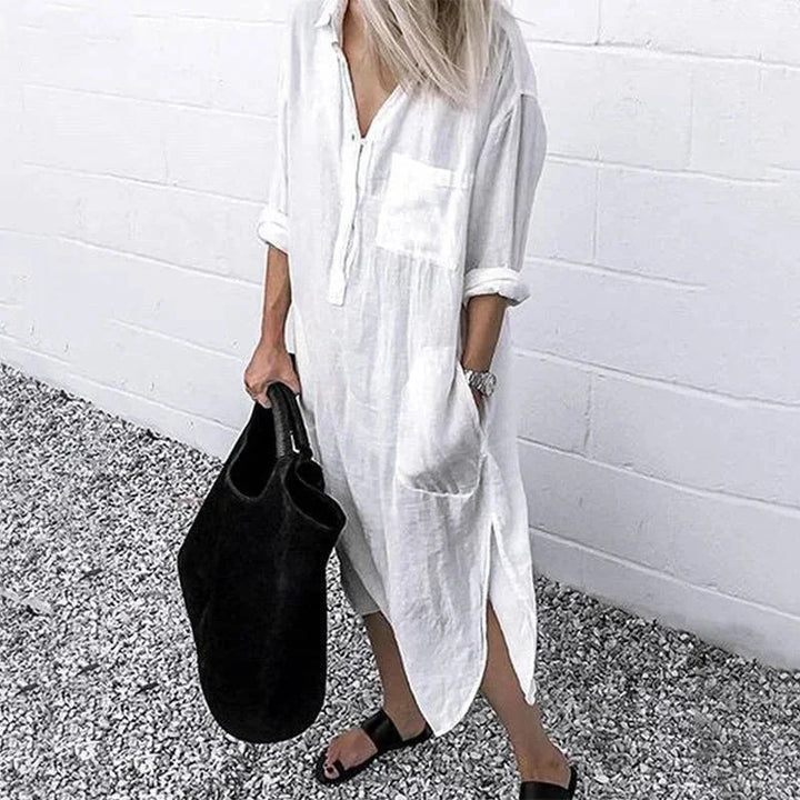 Vestito lungo ampio da donna in lino con tasche pratiche