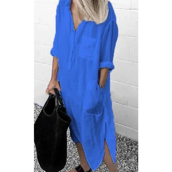 Vestito lungo ampio da donna in lino con tasche pratiche