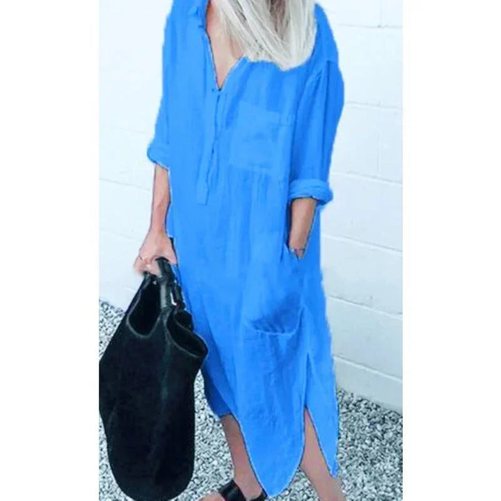 Vestito lungo ampio da donna in lino con tasche pratiche