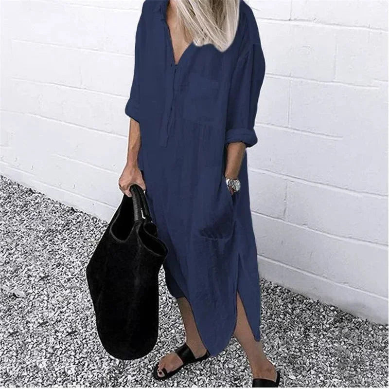 Vestito lungo ampio da donna in lino con tasche pratiche