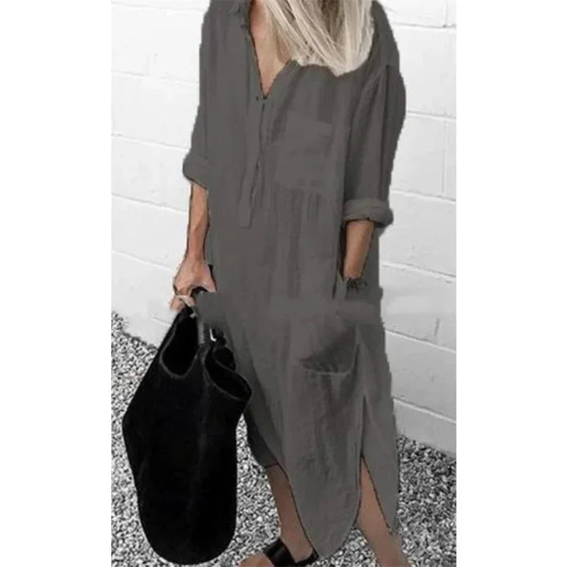 Vestito lungo ampio da donna in lino con tasche pratiche