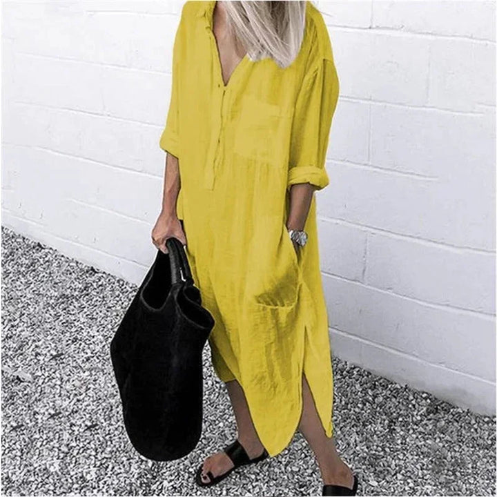 Vestito lungo ampio da donna in lino con tasche pratiche