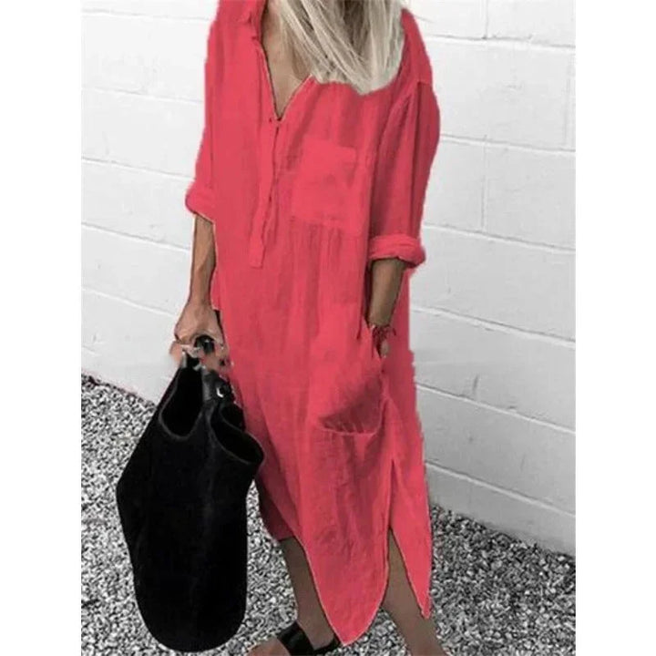 Vestito lungo ampio da donna in lino con tasche pratiche