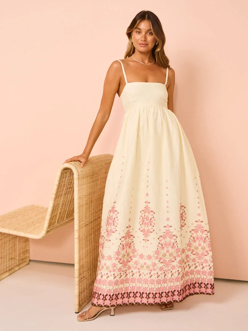 Vestito lungo donna a motivi floreali estivo con bretelline sottili