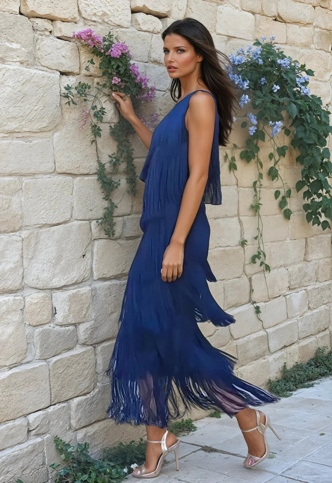 Vestito lungo donna blu navy con frange asimmetriche