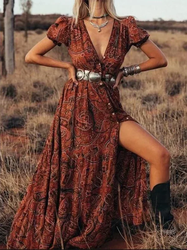 Vestito lungo boho con stampa e maniche a farfalla