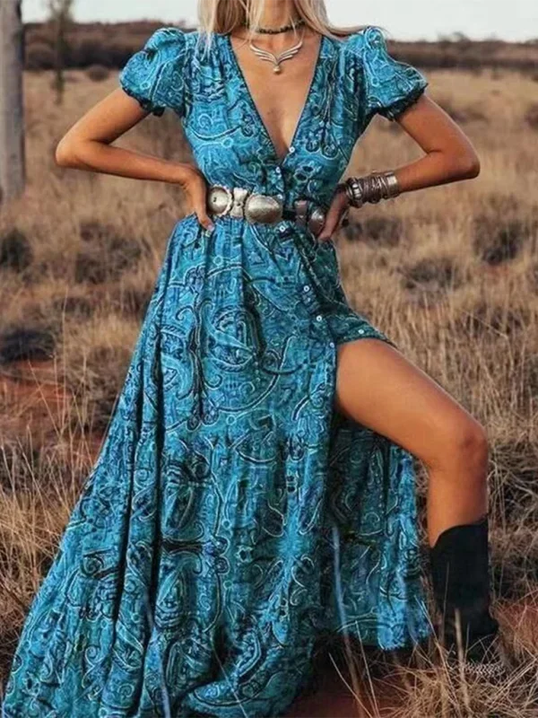 Vestito lungo boho con stampa e maniche a farfalla