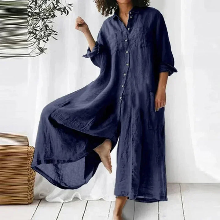 Vestito lungo abbottonato, fluido, con tasche e maniche lunghe