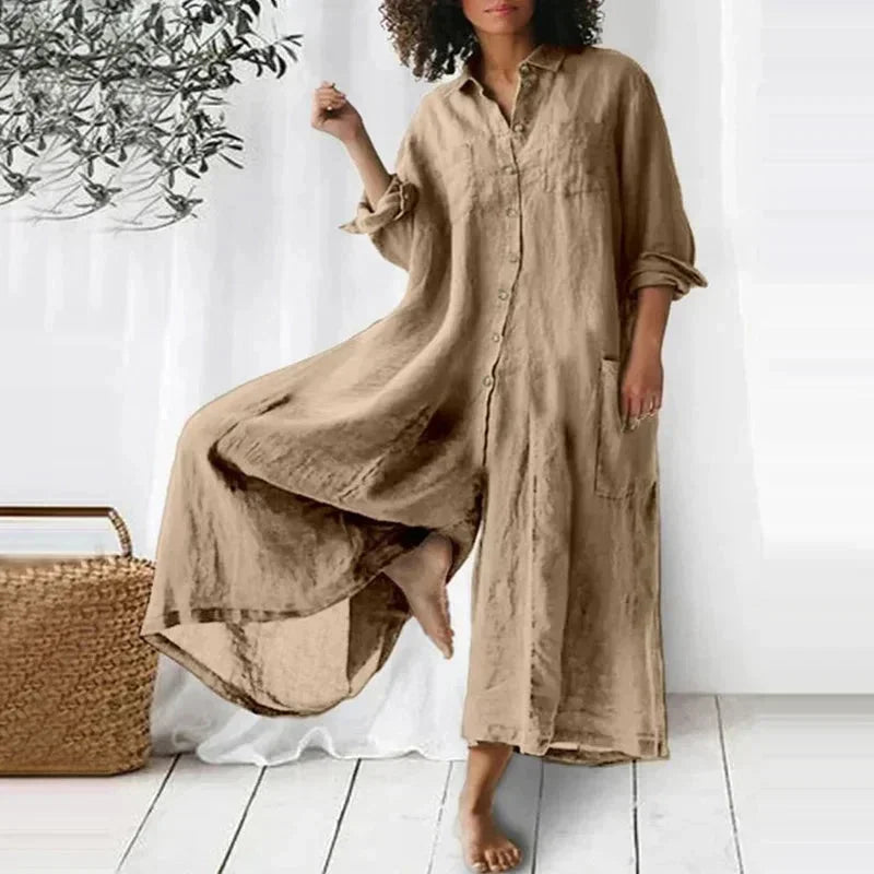Vestito lungo abbottonato, fluido, con tasche e maniche lunghe
