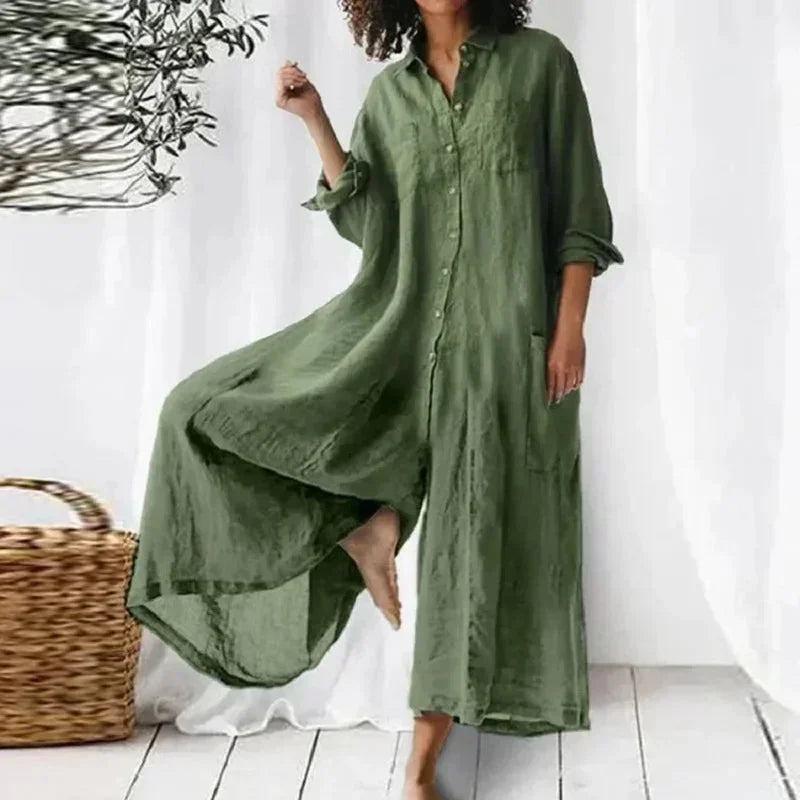 Vestito lungo abbottonato, fluido, con tasche e maniche lunghe