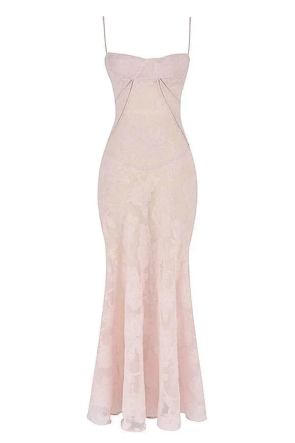 Vestito lungo donna in pizzo floreale con spalline regolabili gala