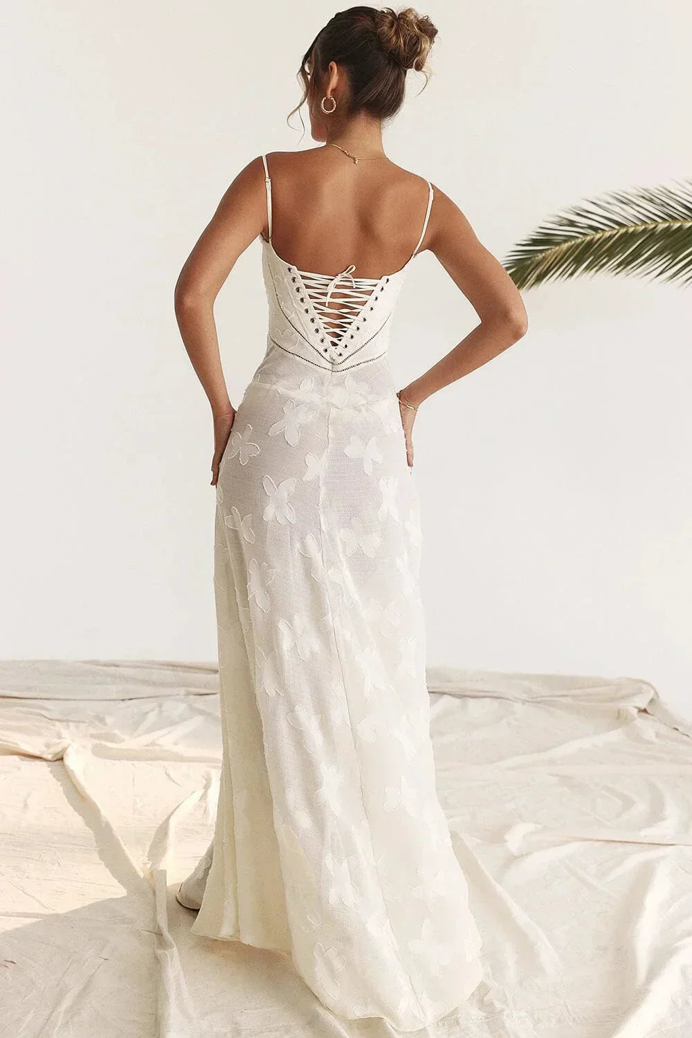 Vestito lungo donna in pizzo floreale con spalline regolabili gala