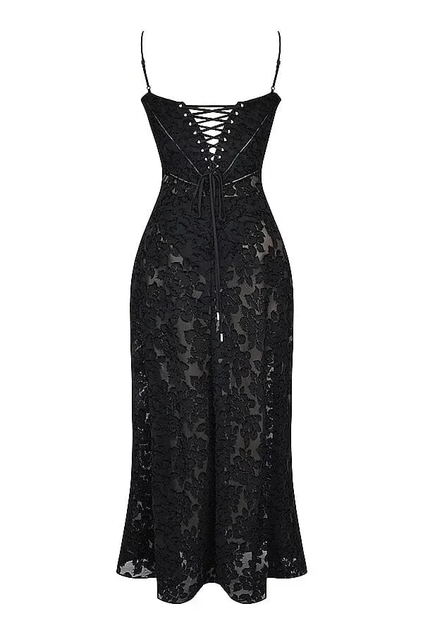 Vestito lungo donna in pizzo floreale con spalline regolabili gala