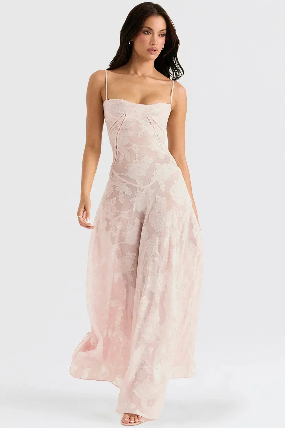 Vestito lungo donna in pizzo floreale con spalline regolabili gala