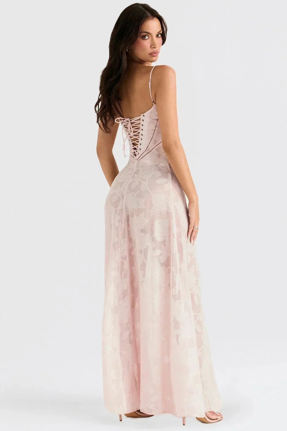 Vestito lungo donna in pizzo floreale con spalline regolabili gala