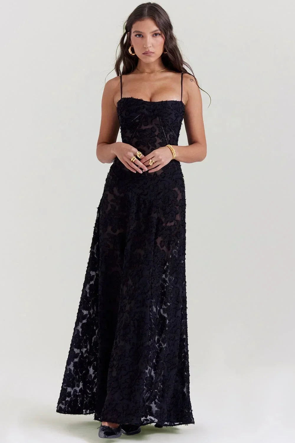 Vestito lungo donna in pizzo floreale con spalline regolabili gala