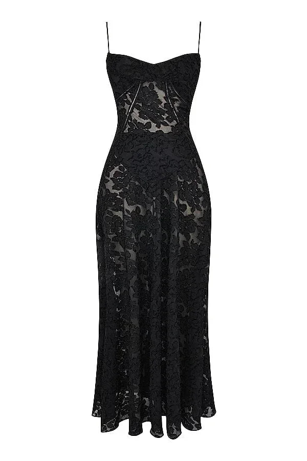Vestito lungo donna in pizzo floreale con spalline regolabili gala