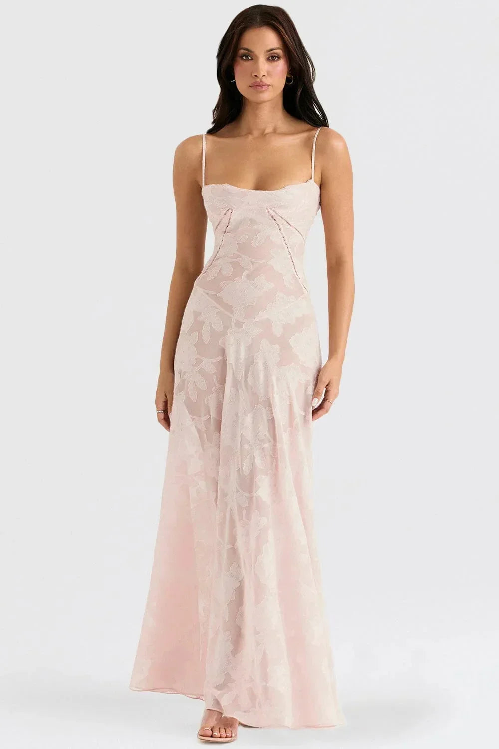 Vestito lungo donna in pizzo floreale con spalline regolabili gala