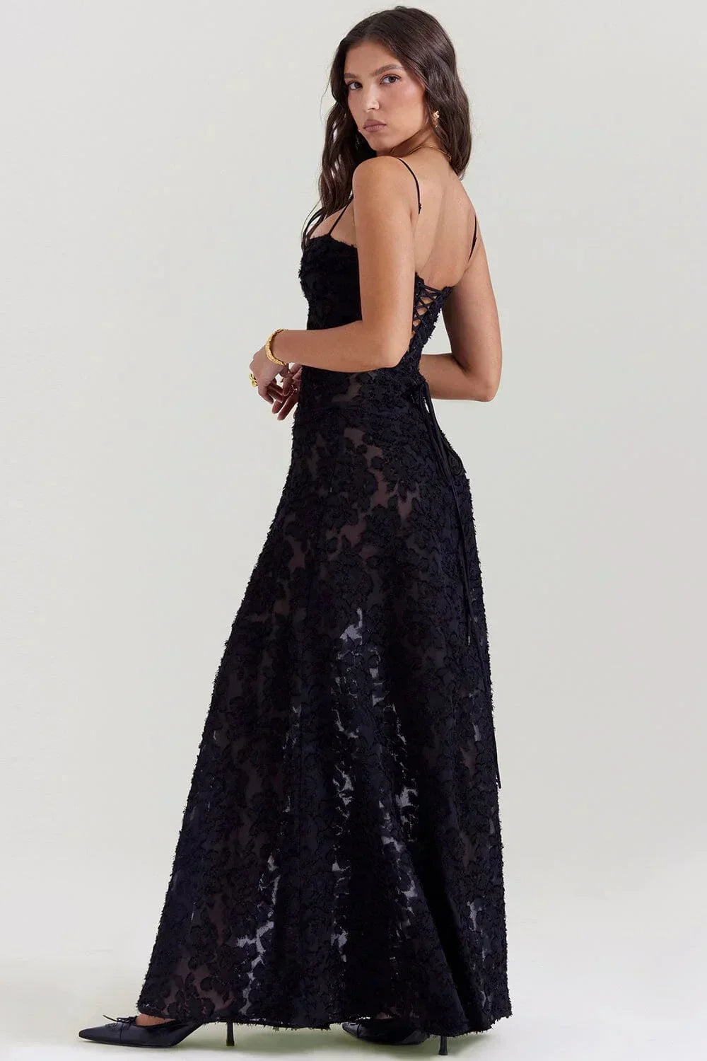 Vestito lungo donna in pizzo floreale con spalline regolabili gala
