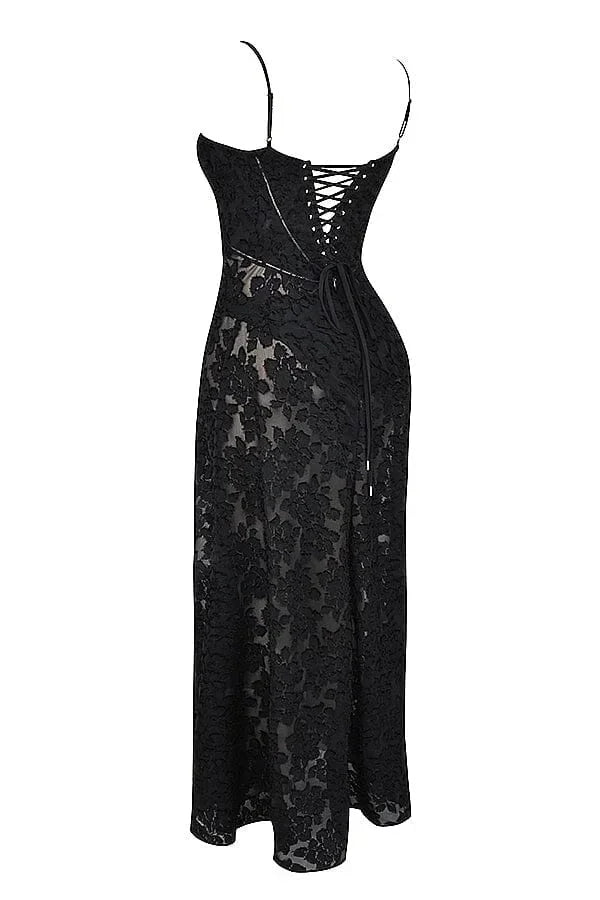 Vestito lungo donna in pizzo floreale con spalline regolabili gala