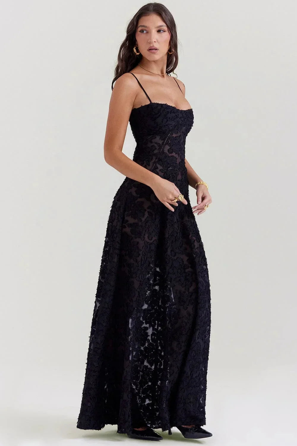 Vestito lungo donna in pizzo floreale con spalline regolabili gala