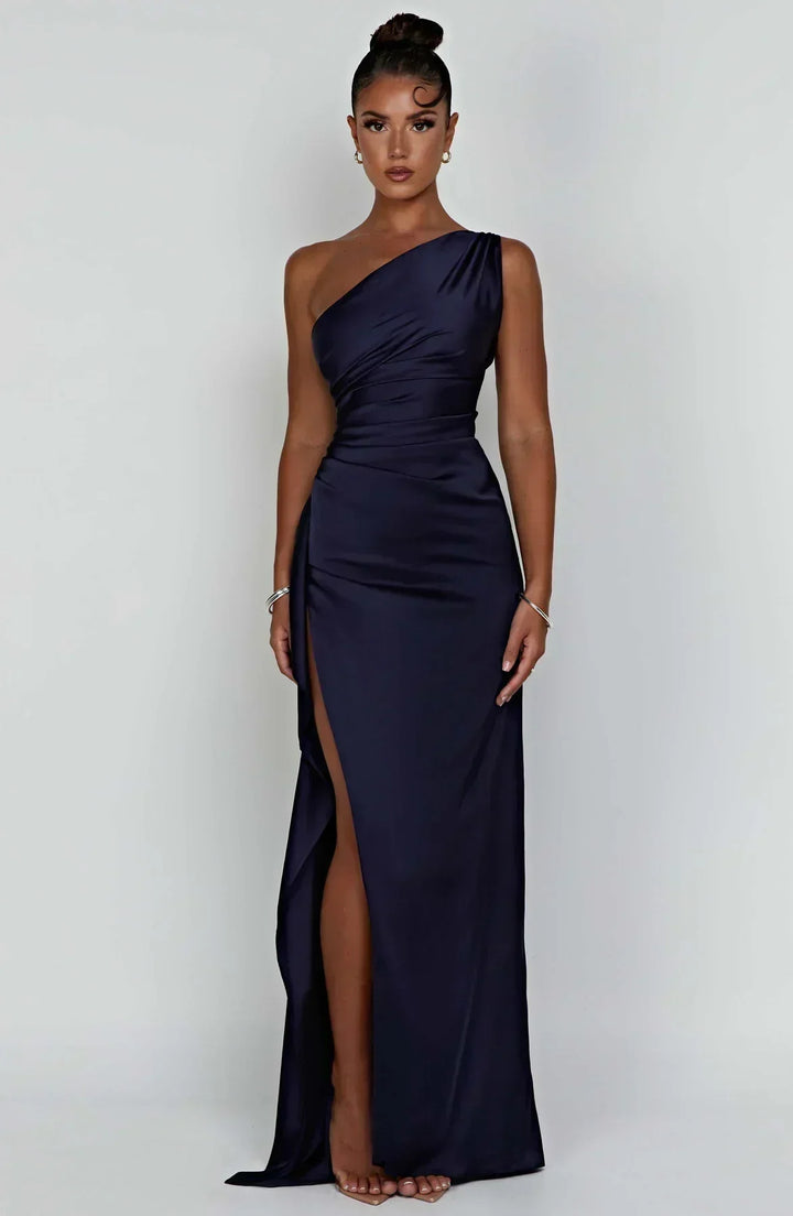 Vestito lungo donna asimmetrico con spacco elegante