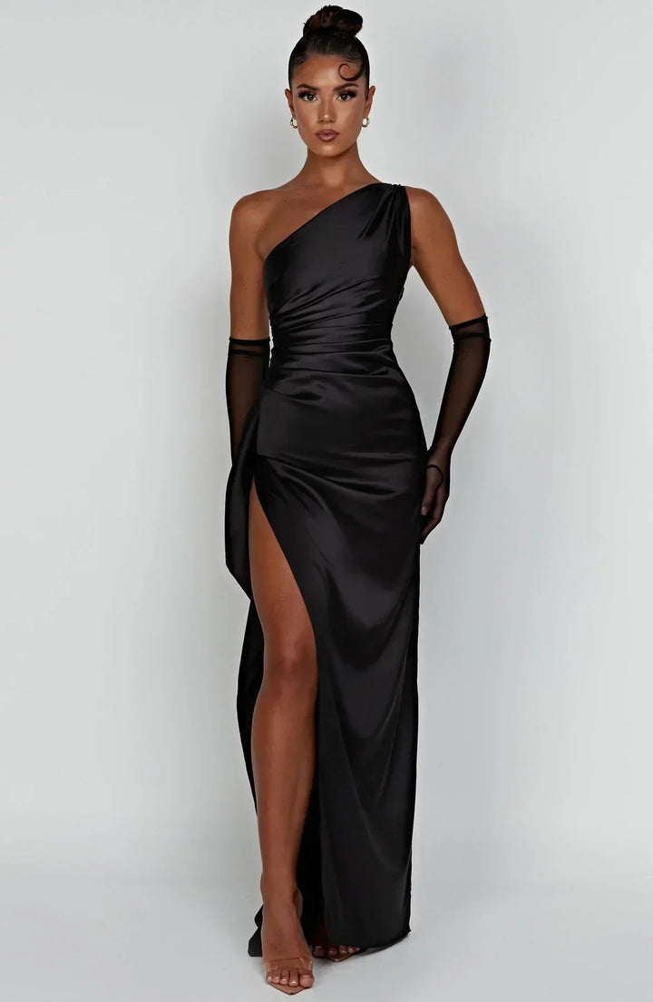 Vestito lungo donna asimmetrico con spacco elegante